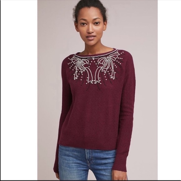 Anthropologie Field Flower pearled bow sweater XS NWT - Picture 3 of 5